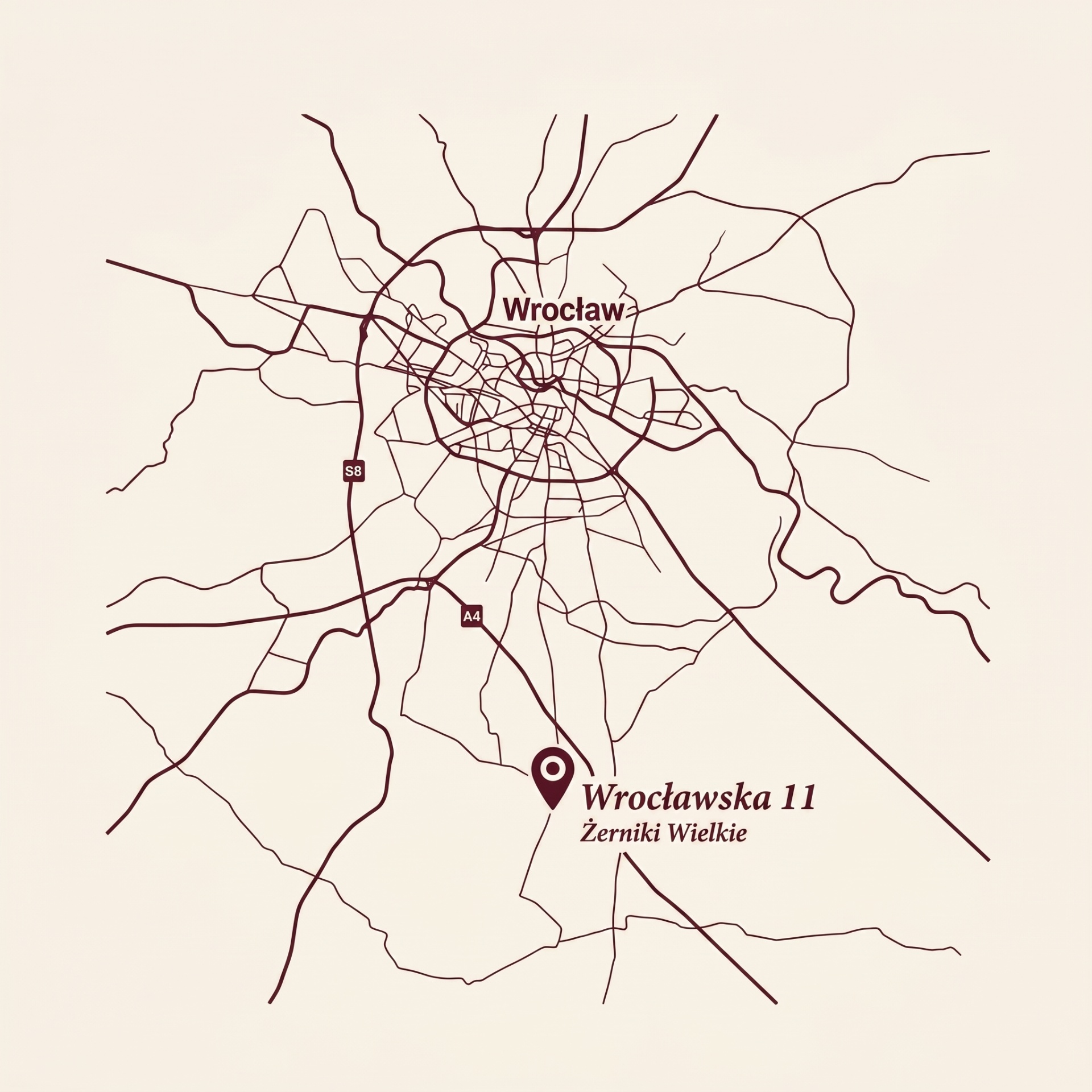 Mapa dojazdu z Wrocławia do winnicy Wrocławska 11, Żerniki Wielkie
